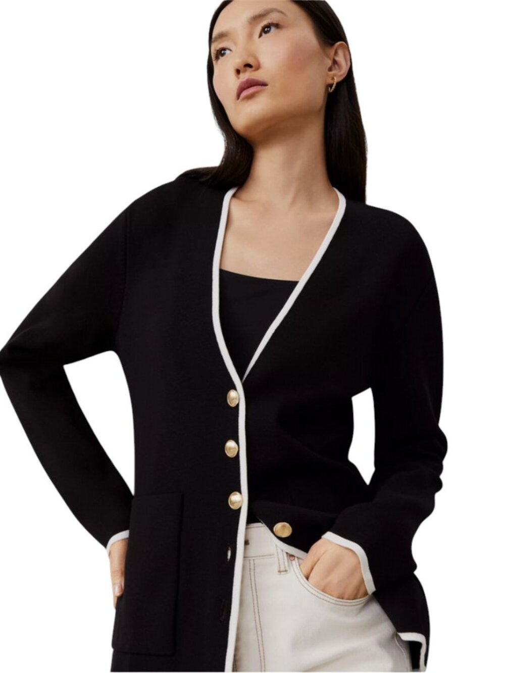 NWT Ann Taylor Large Petite Black & Cream Cardigan with Gold Hardware